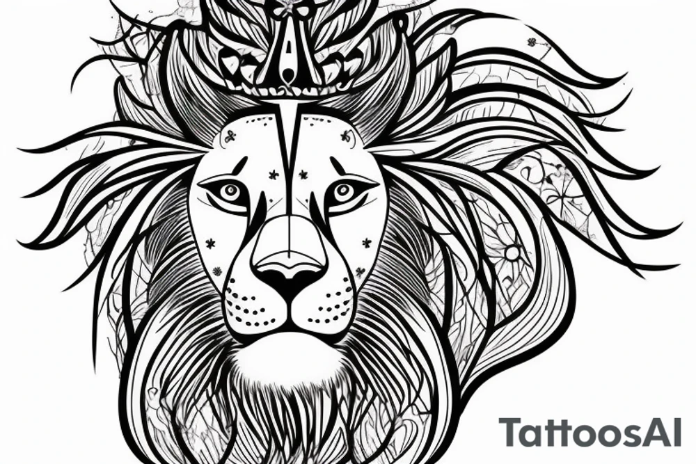 the lion head with a crown and sun behind it tattoo idea