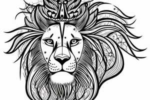 the lion head with a crown and sun behind it tattoo idea
