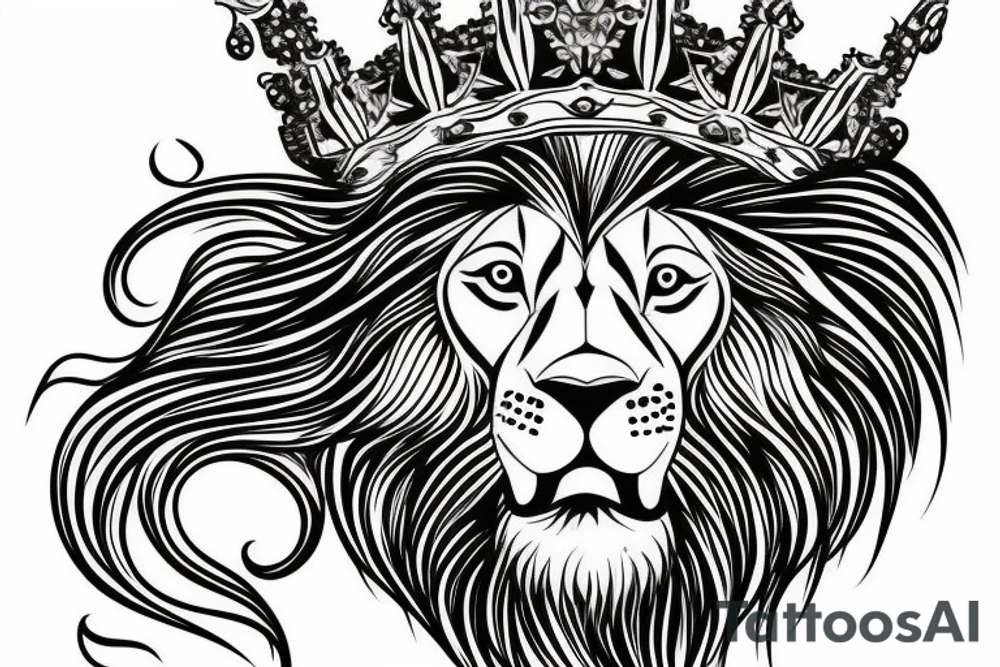 the lion head with a crown and sun behind it tattoo idea