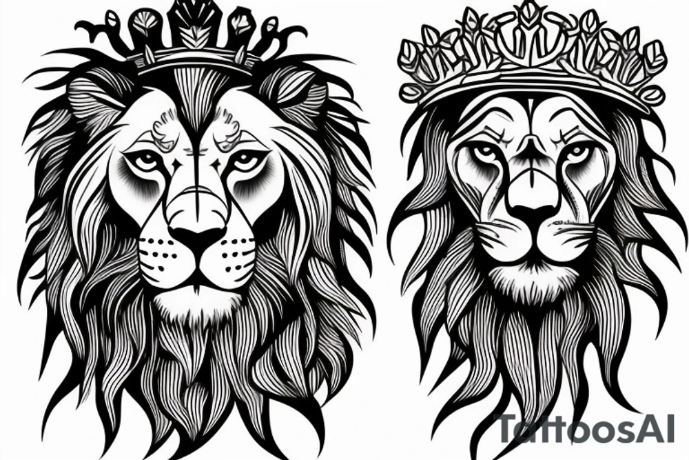 the lion head with a crown and sun behind it tattoo idea
