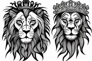 the lion head with a crown and sun behind it tattoo idea