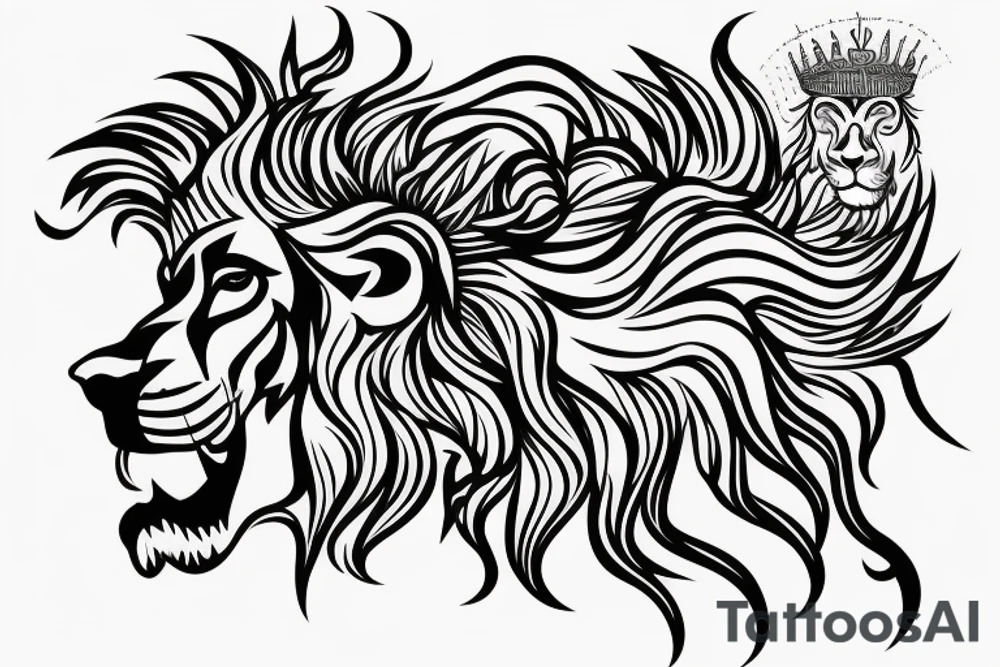 lion head that with great power with a crown and sun shining behind it tattoo idea