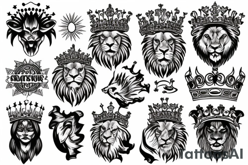 lion head that with great power with a crown and sun shining behind it tattoo idea