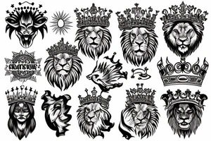 lion head that with great power with a crown and sun shining behind it tattoo idea
