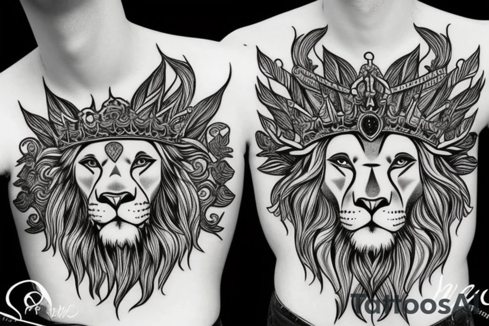 lion head that with great power with a crown and sun shining behind it tattoo idea