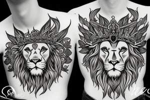 lion head that with great power with a crown and sun shining behind it tattoo idea