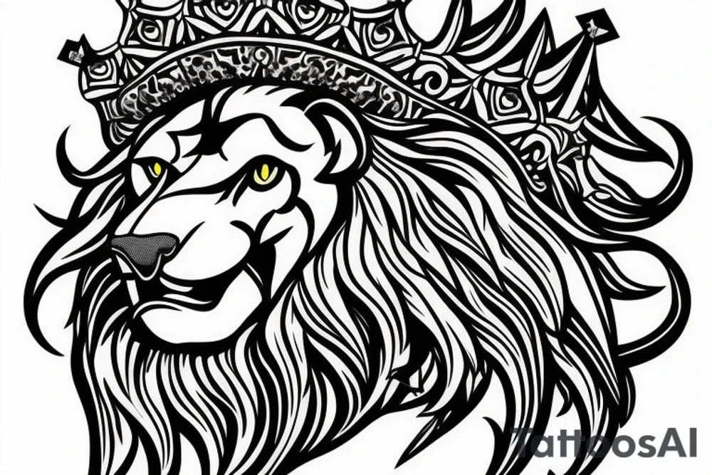 lion head that with great power with a crown and sun shining behind it tattoo idea