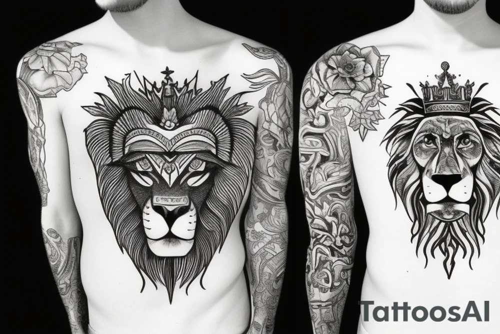 lion head that with great power with a crown and sun shining behind it tattoo idea