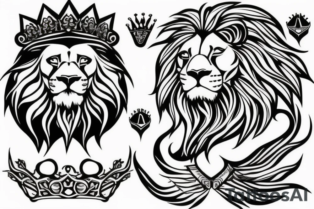 lion head that with great power with a crown and sun shining behind it tattoo idea