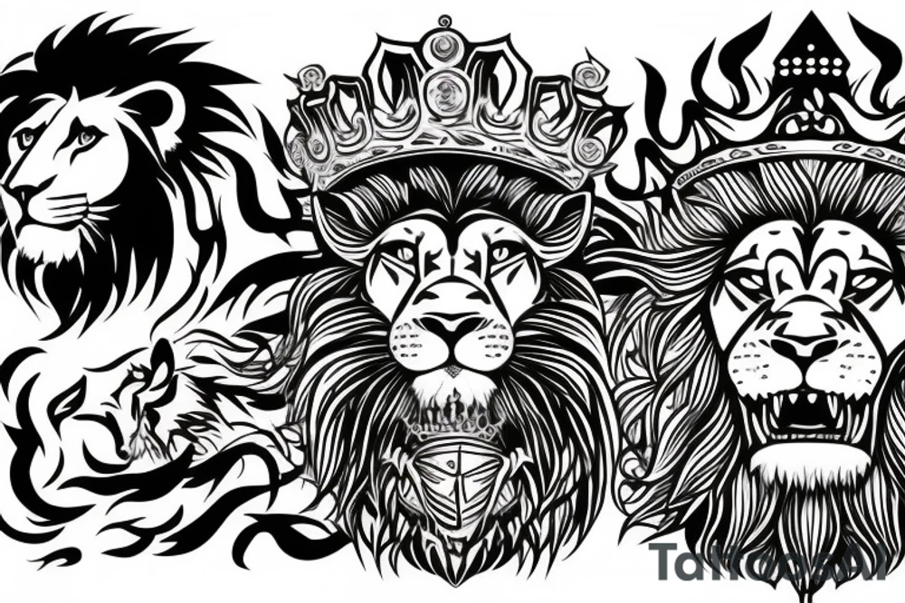 lion head that with great power with a crown and sun shining behind it tattoo idea
