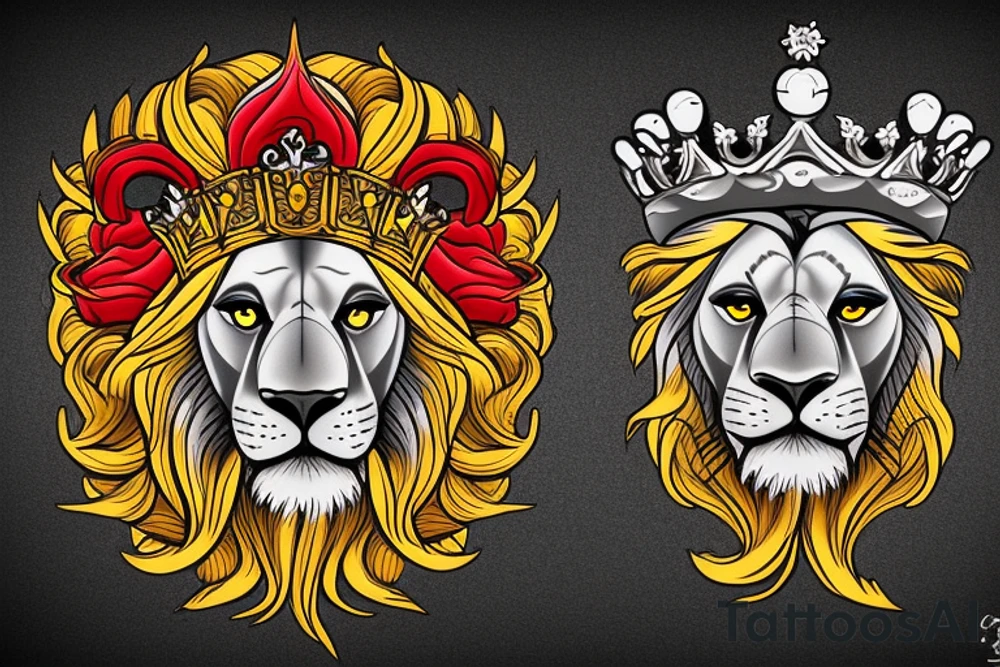 lion head that with great power with a crown and sun shining behind it tattoo idea