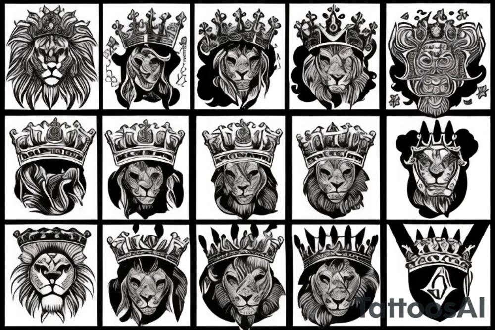 lion head that with great power with a crown and sun shining behind it tattoo idea