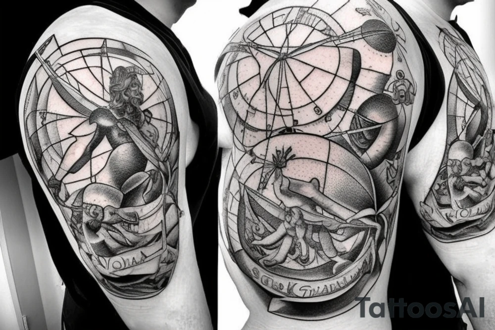 A oldschool atlas with Neptune under the atlas. behind neptune there is the sea with some wooden ships in the background, and around the sea there is a greek looking wreath and some where there sould be a calcium ion atom, tattoo idea