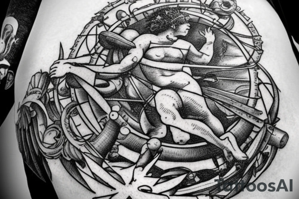 A oldschool atlas with Neptune under the atlas. behind neptune there is the sea with some wooden ships in the background, and around the sea there is a greek looking wreath and some where there sould be a calcium ion atom, tattoo idea