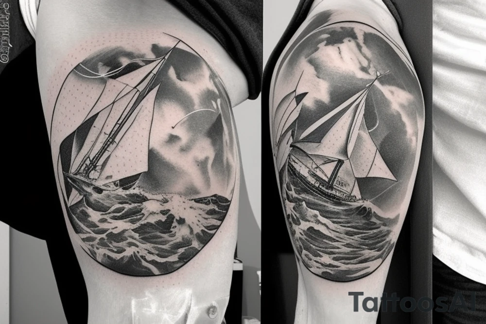 A oldschool atlas with Neptune under the atlas. behind neptune there is the sea with some wooden ships in the background, and around the sea there is a greek looking wreath and some where there sould be a calcium ion atom, tattoo idea