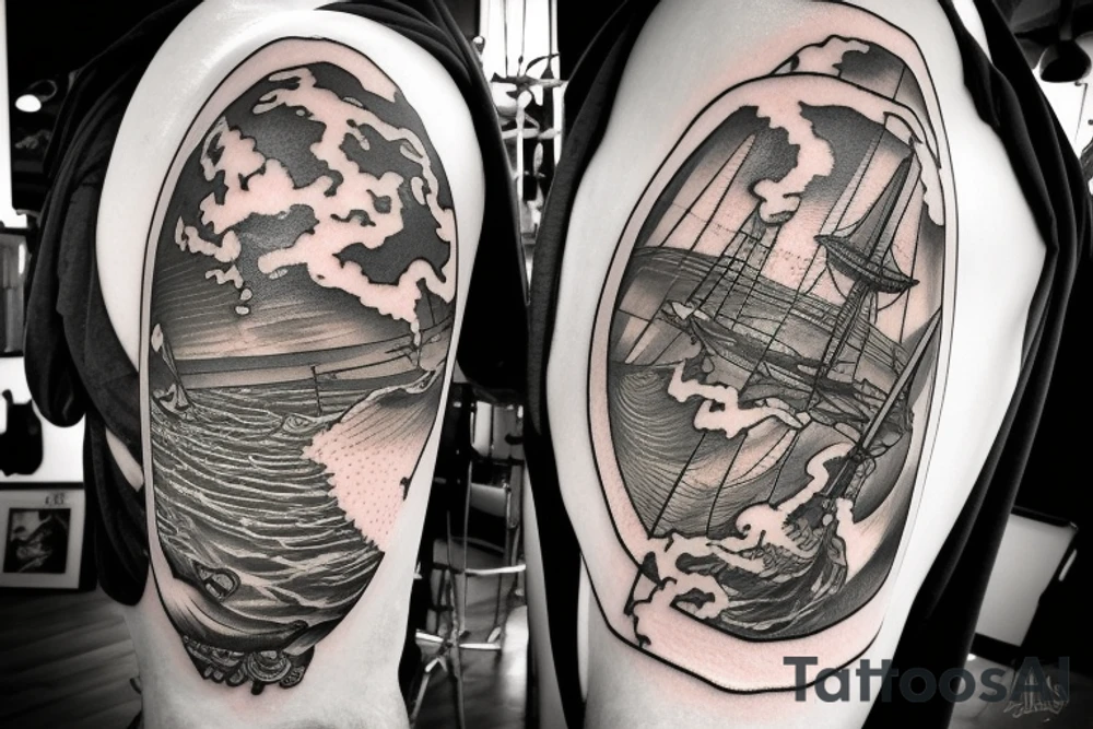 A oldschool atlas with Neptune under the atlas. behind neptune there is the sea with some wooden ships in the background, and around the sea there is a greek looking wreath and some where there sould be a calcium ion atom, tattoo idea