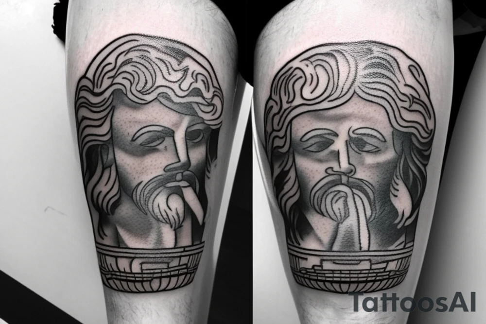 A oldshool greek god tattoo of neptune with a old atlas. placed on the leg tattoo idea