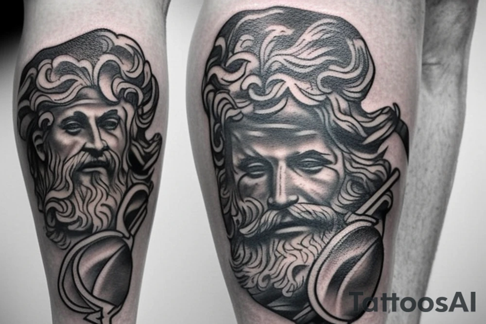 A oldshool greek god tattoo of neptune with a old atlas. placed on the leg tattoo idea