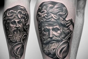 A oldshool greek god tattoo of neptune with a old atlas. placed on the leg tattoo idea