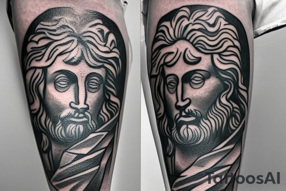 A oldshool greek god tattoo of neptune with a old atlas. placed on the leg tattoo idea