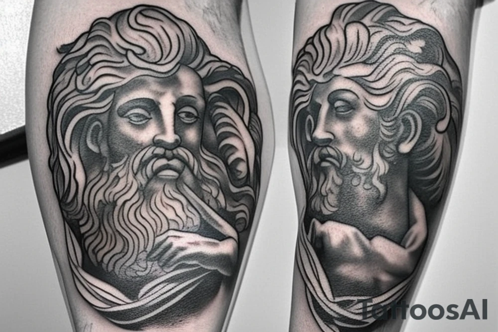 A oldshool greek god tattoo of neptune with a old atlas. placed on the leg tattoo idea