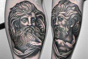 A oldshool greek god tattoo of neptune with a old atlas. placed on the leg tattoo idea