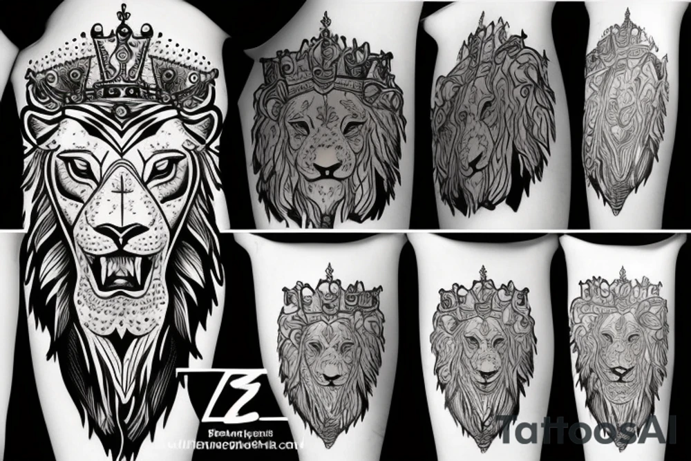 lion head that with great power with a crown and sun shining behind it tattoo idea