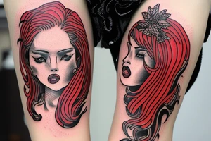 red had women with hairs of fire having a pistol with a erothic look tattoo idea