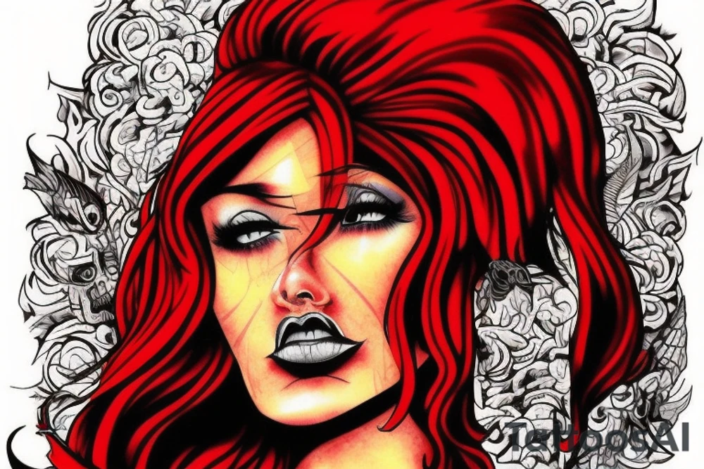 red had women with hairs of fire having a pistol with a erothic look tattoo idea