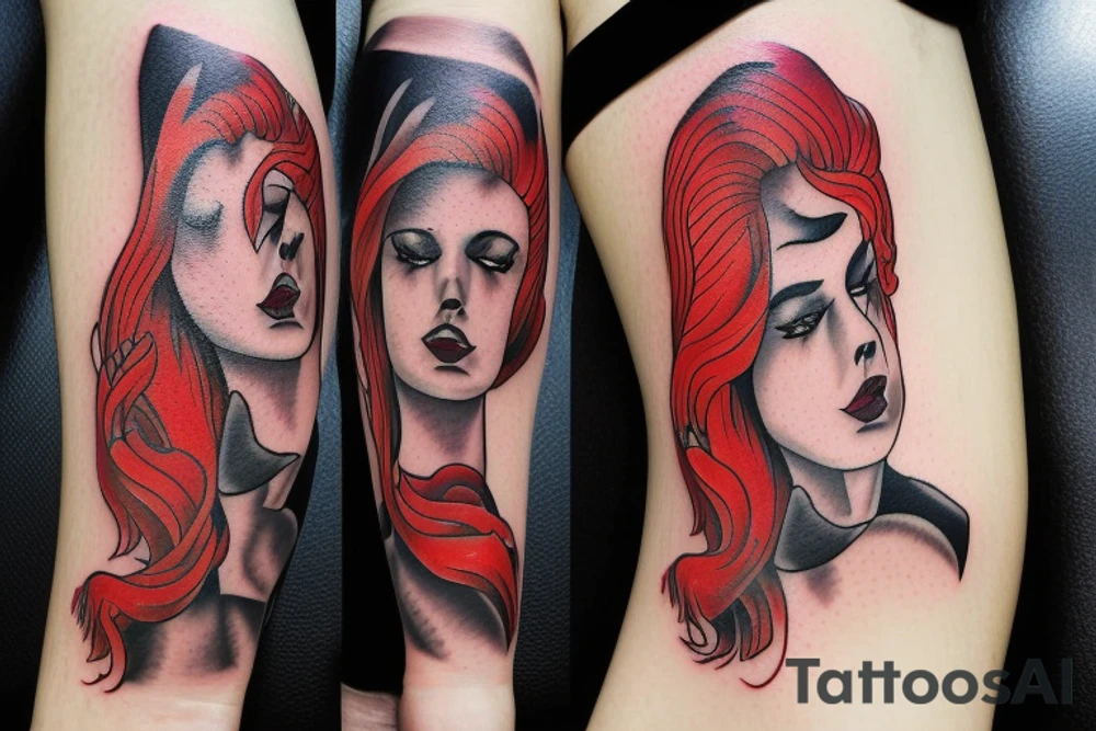 red had women with hairs of fire having a pistol with a erothic look tattoo idea