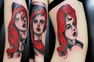 red had women with hairs of fire having a pistol with a erothic look tattoo idea