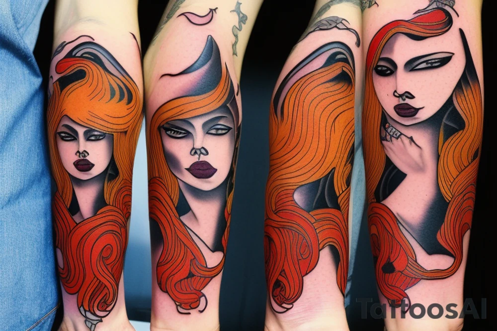 red had women with hairs of fire having a pistol with a erothic look tattoo idea