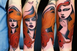 red had women with hairs of fire having a pistol with a erothic look tattoo idea