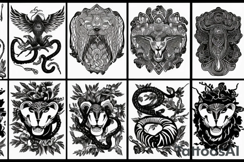 Lion and snake and eagle tattoo idea
