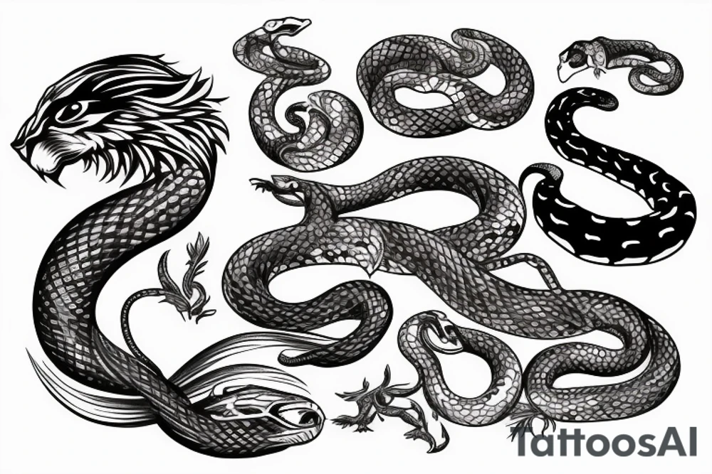 Lion and snake and eagle tattoo idea