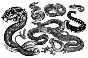 Lion and snake and eagle tattoo idea