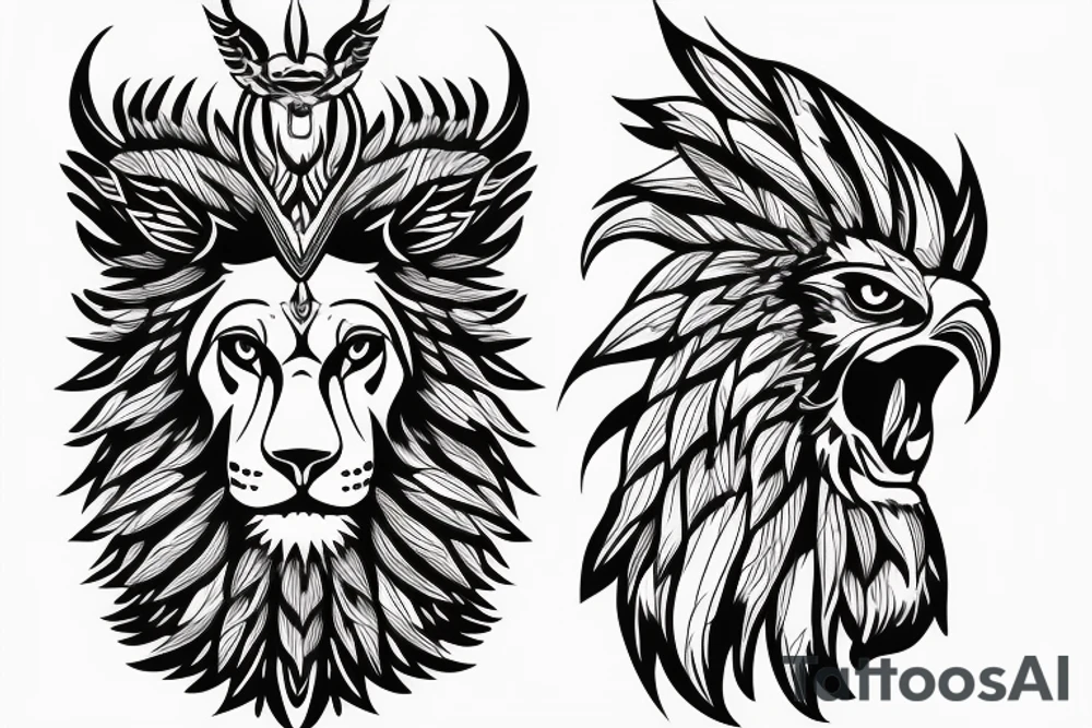 Lion head with eagle head over top. Face forward tattoo idea
