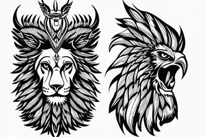 Lion head with eagle head over top. Face forward tattoo idea