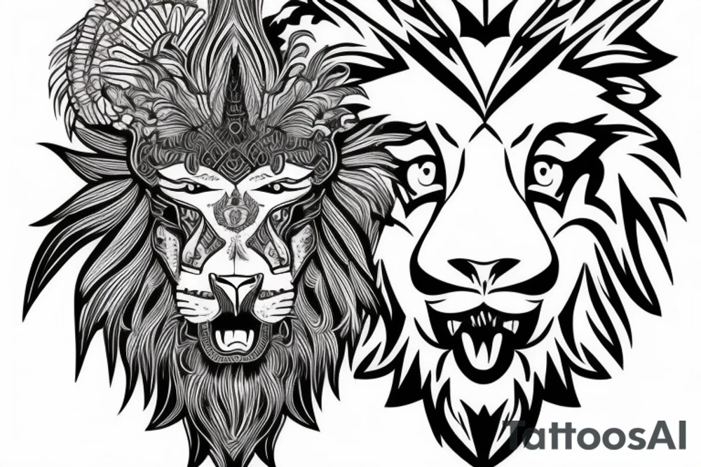 Lion head with eagle head over top. Face forward tattoo idea