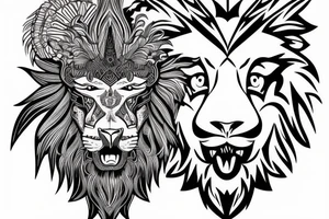 Lion head with eagle head over top. Face forward tattoo idea