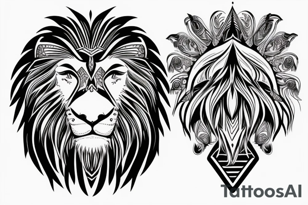 Lion head with eagle head over top. Face forward tattoo idea
