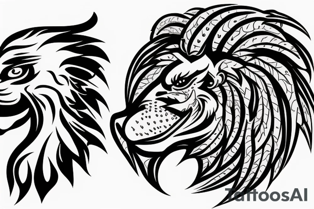 Lion head with eagle head over top. Face forward tattoo idea