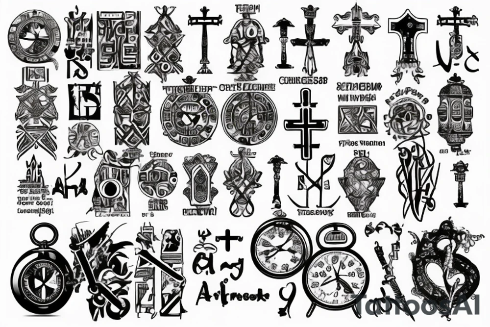 ankh cross , clock and compuss name مینا tattoo idea