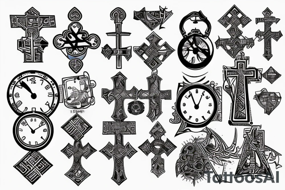ankh cross , clock and compuss name مینا tattoo idea