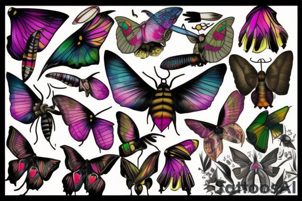 African deaths head hawk moth body skull with elephant hawk moth wings and Luna moth color tattoo idea