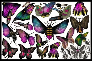 African deaths head hawk moth body skull with elephant hawk moth wings and Luna moth color tattoo idea
