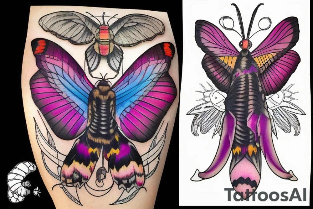 African deaths head hawk moth head with elephant hawk moth wings and Luna moth color tattoo idea