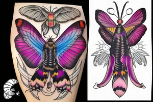 African deaths head hawk moth head with elephant hawk moth wings and Luna moth color tattoo idea