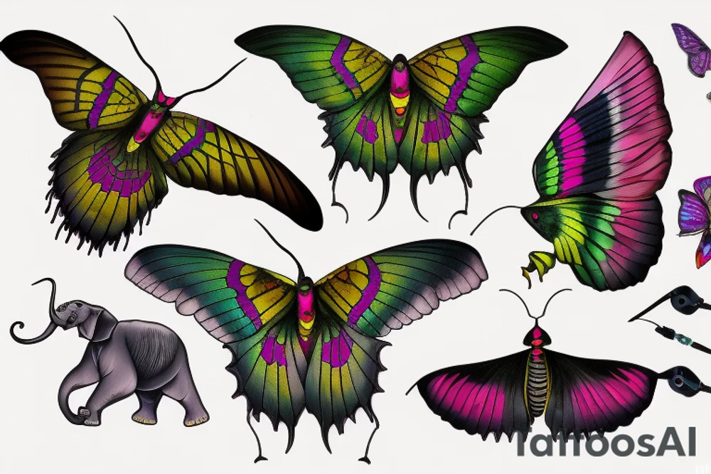 African deaths head hawk moth head with elephant hawk moth wings and Luna moth color tattoo idea