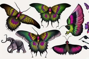 African deaths head hawk moth head with elephant hawk moth wings and Luna moth color tattoo idea